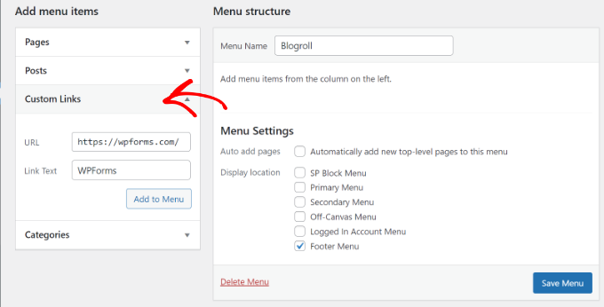 Adding a link to blogroll menu Add custom links to your menu