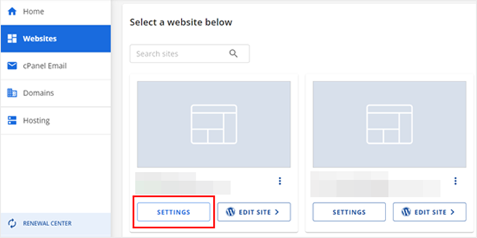 Opening Bluehost's website settings Opening Bluehost's website settings