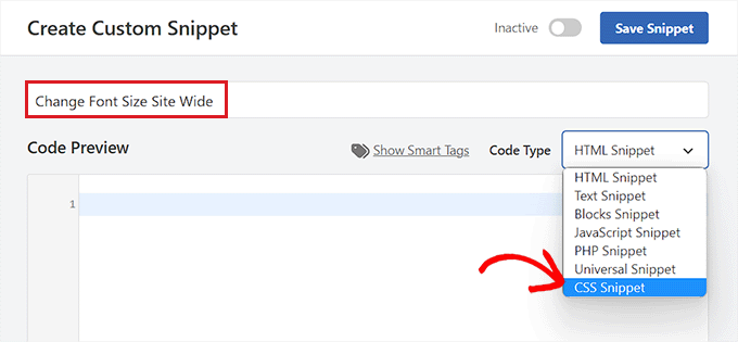 Choose CSS Snippet for font size code