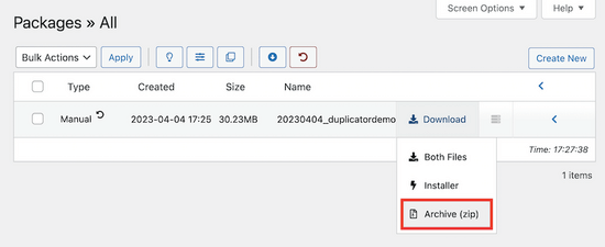 Download WordPress database backup with Duplicator