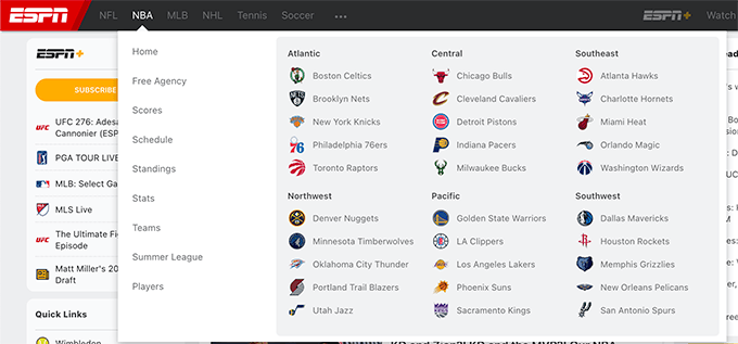 Example of Topics in Website Menu - ESPN