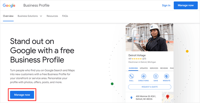 Clicking Manage Now in Google Business Profile website Clicking Manage Now in Google Business Profile website