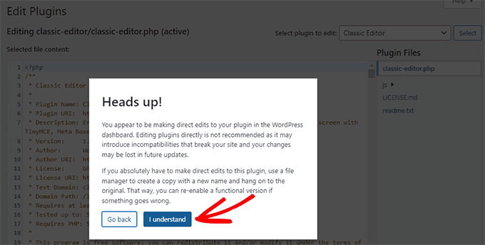 Heads up warning in the plugin editor tool