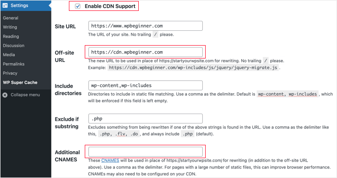 Enable CDN support in WP Super Cache