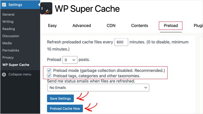 Preload in WP Super Cache